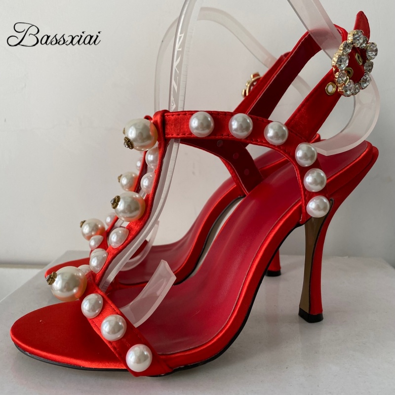 Sandal Strappy Heeled - Pearl Bead Decor T-Strap Stiletto Heel