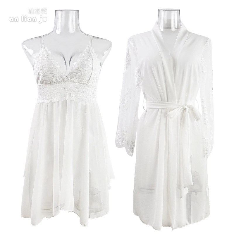 Kimono Sheer Floral - Women White Nightwear Set Floral Lace