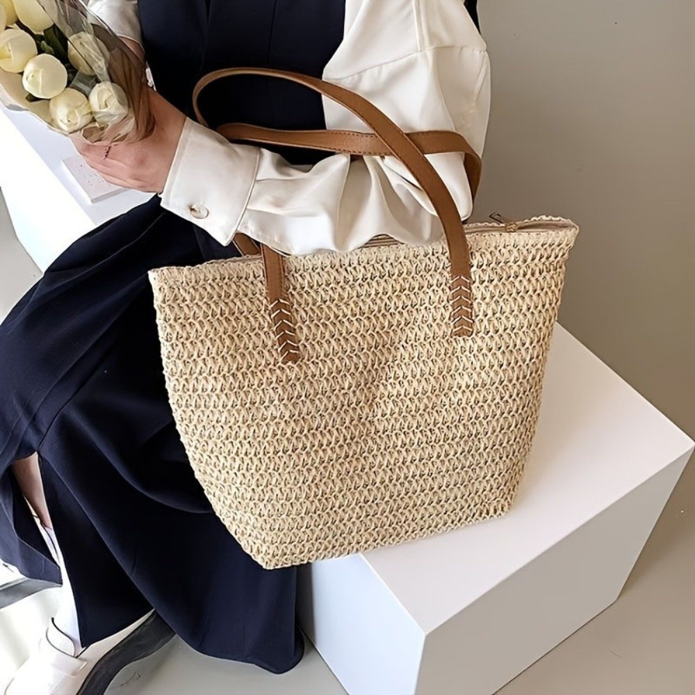 Tote Bag Beach - Fashion Solid Color Weave Straw Tote