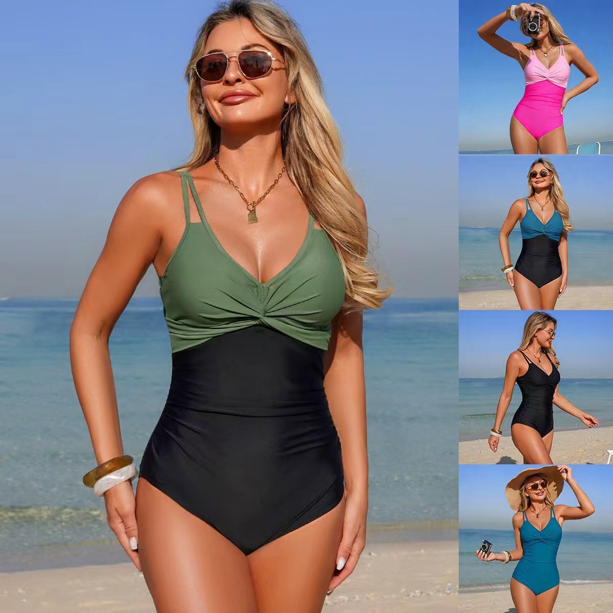 Swimsuit Bikini Ruched - V Neck Twist Front One Piece