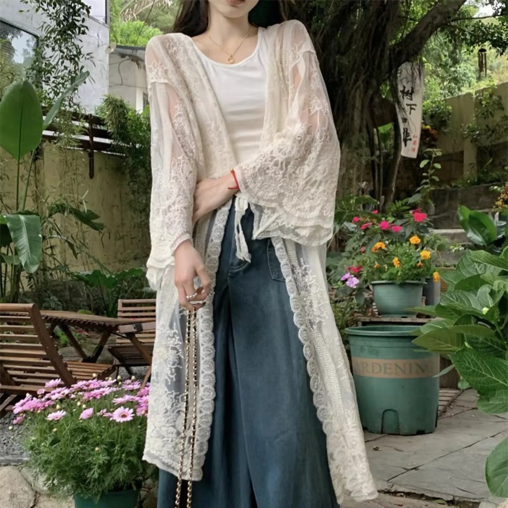 Kimono Sheer Floral - Lightweight Lace-Up Lace Blouse Embroidery Loose