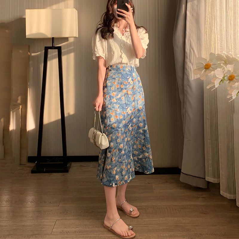 Midi Skirt Floral - Women's Summer Two-Piece Set Lace Top