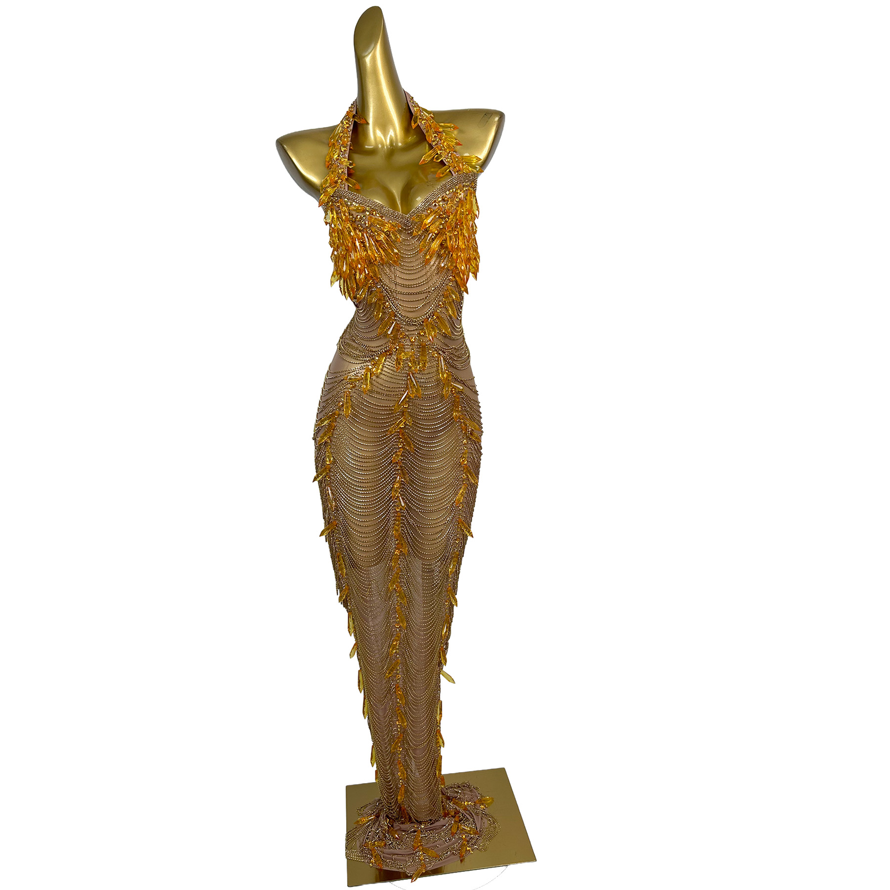 Maxi Dress Halter - Ailisi Women Luxury Gold Crystal Tassel