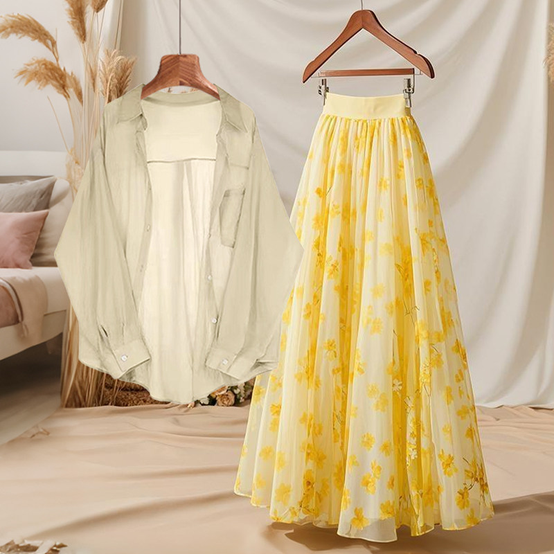 Midi Skirt Floral - Summer Outfit Set Loose Slimming Thin