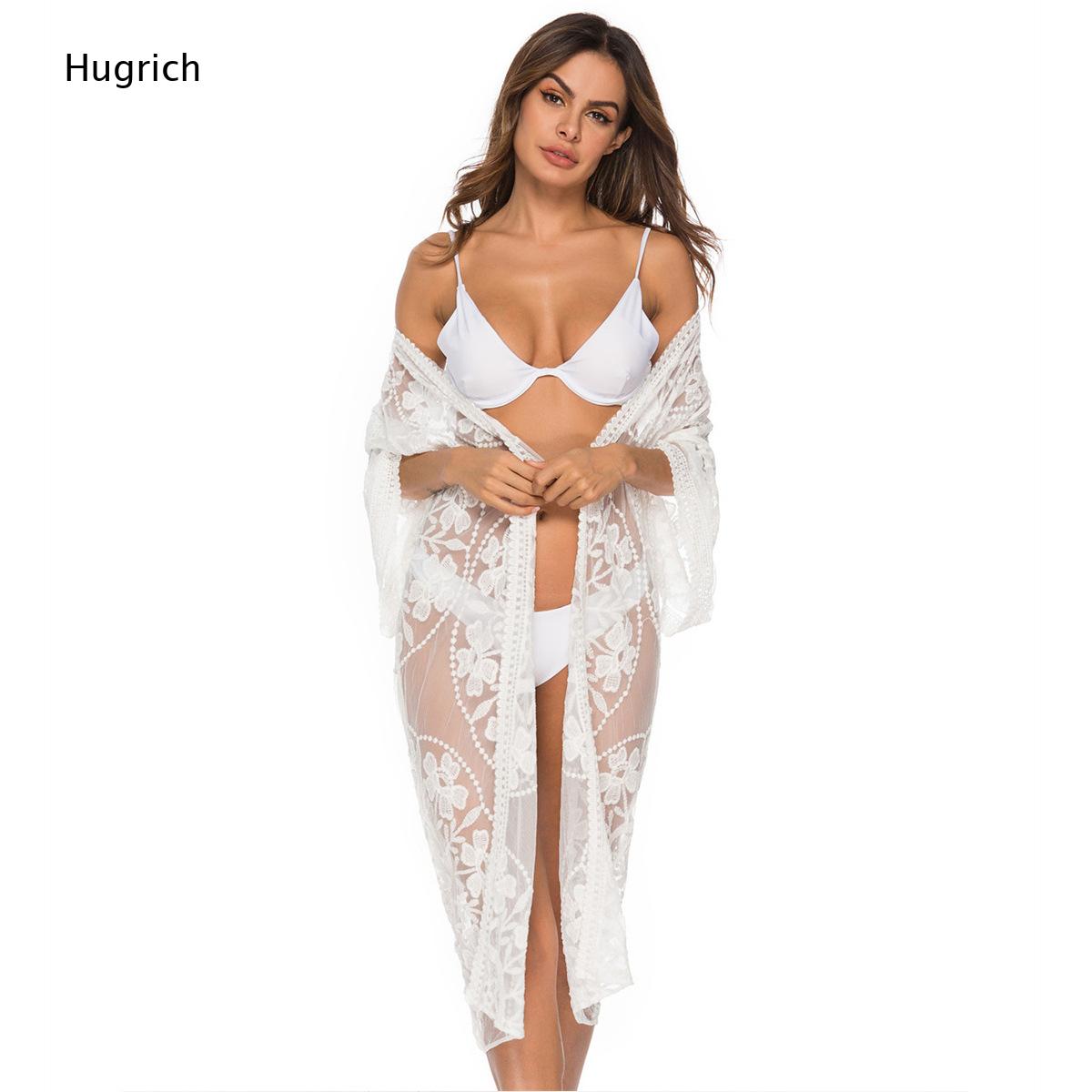 Kimono Sheer Floral - Solid White Floral Embroidery Lace Long