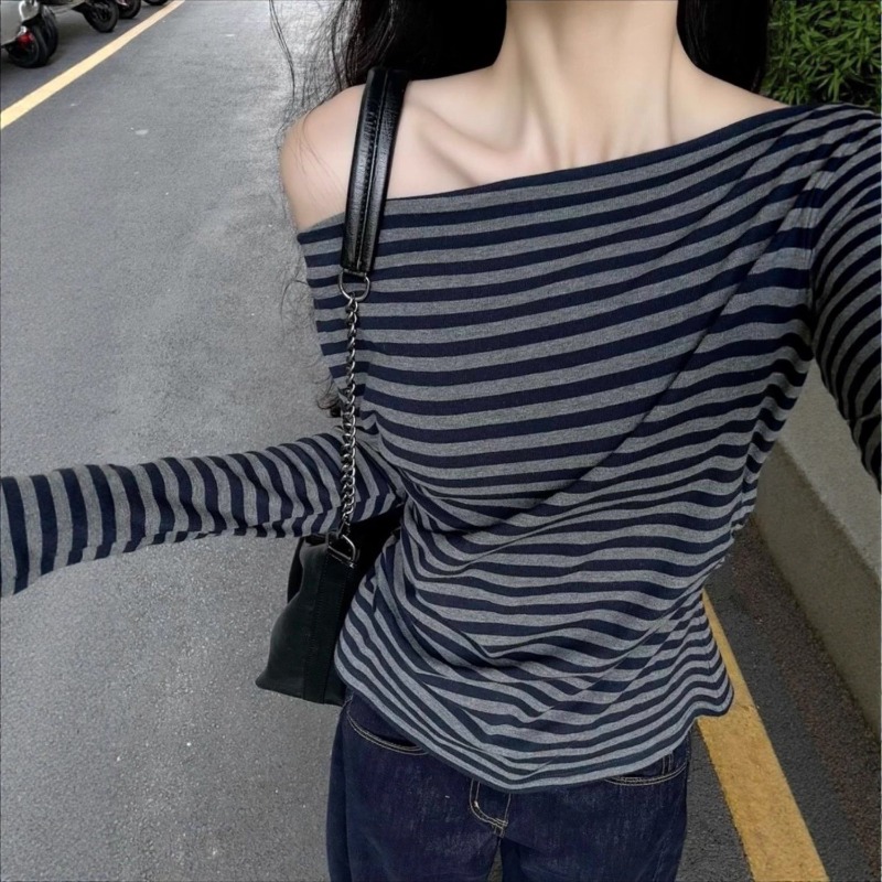 Blouse Off Shoulder - Women Vintage Striped Off Shoulder Long