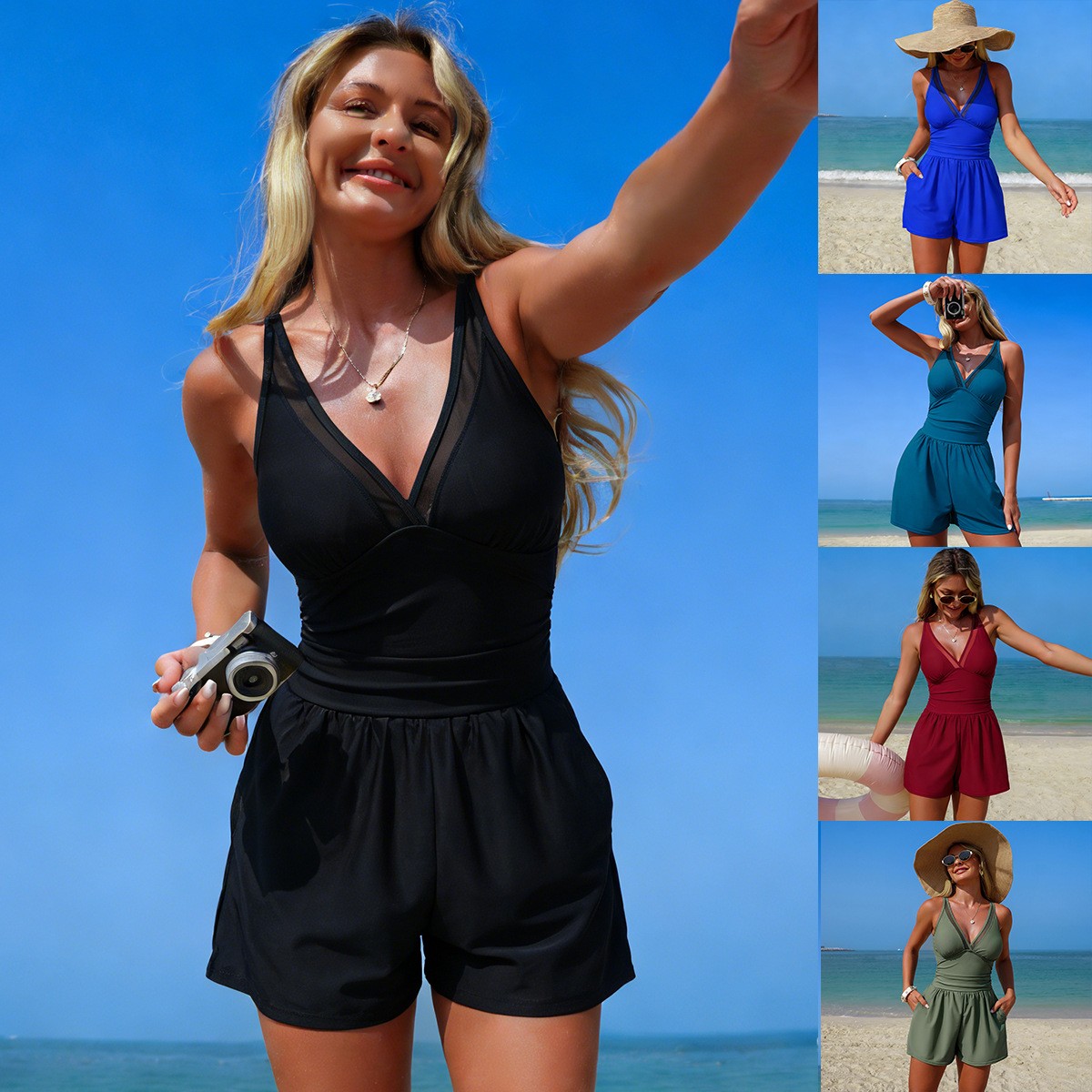 Swimsuit Bikini Ruched - Black Solid Color Sleeveless V Neck