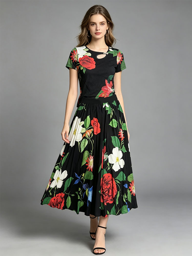 Romper Floral Print - Retro summer new two-piece T-shirt with