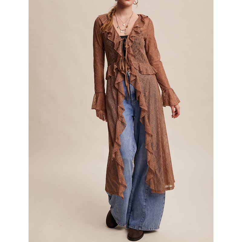 Kimono Sheer Floral - Women's Floral Lace Mesh Tie Front