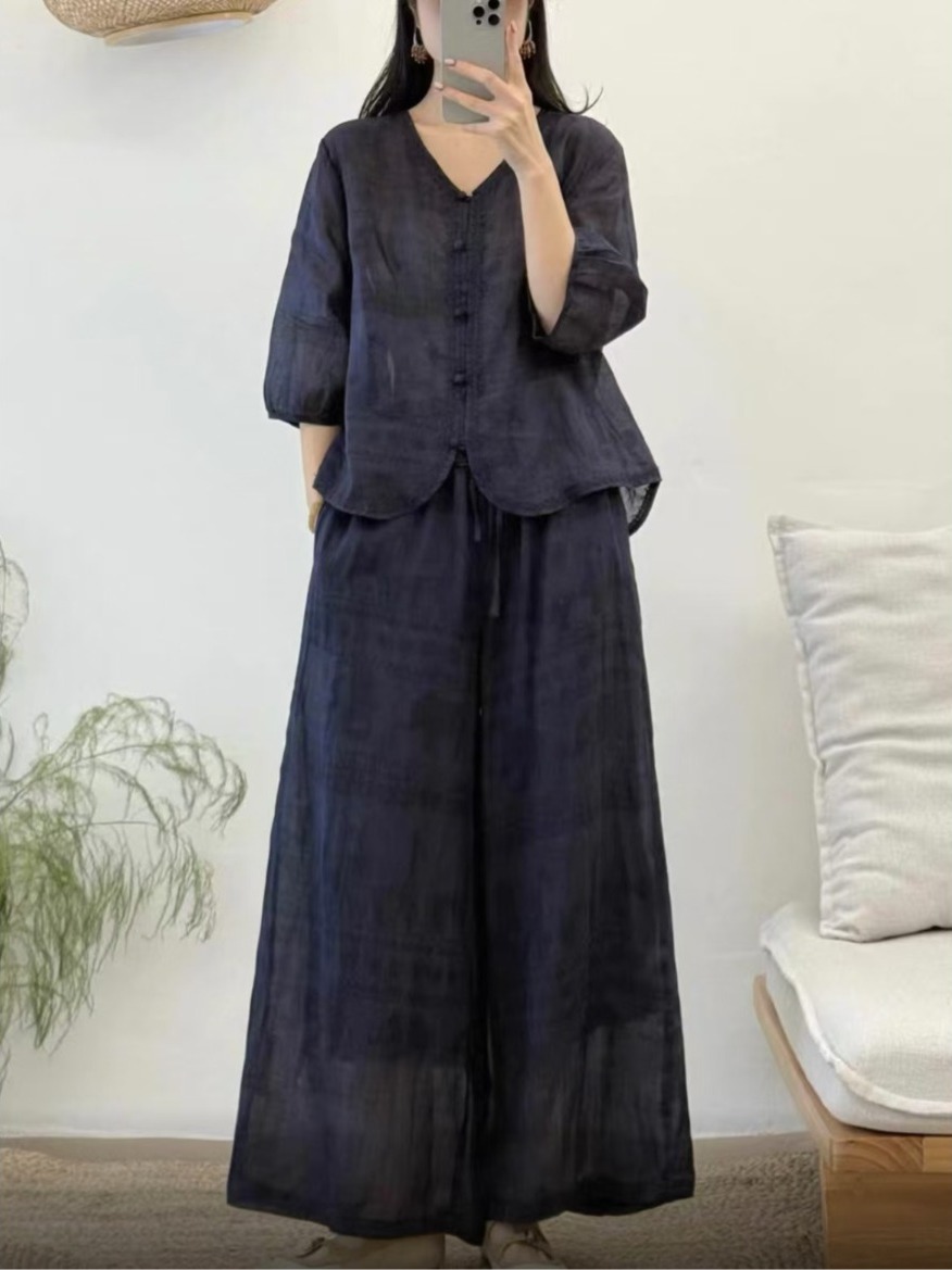 Linen Pant Wide - Retro Artistic Print Linen Wide Leg