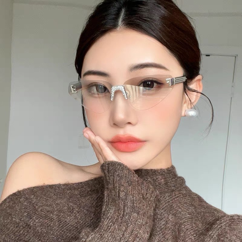 Sunglasses Cat Eye - Women's Sexy Cat Eye Rimless Rhinestone