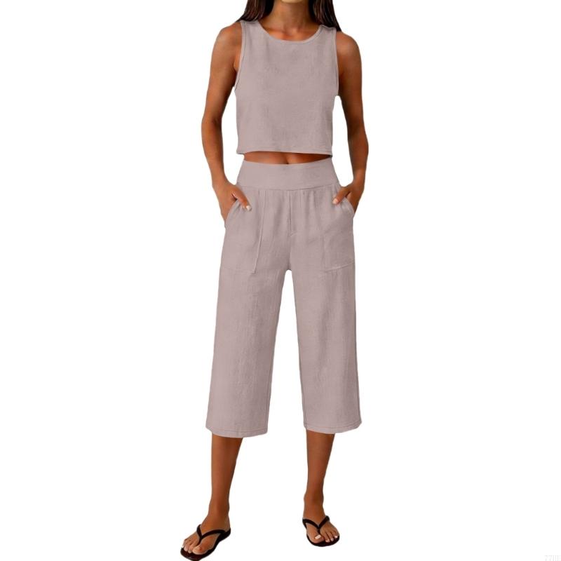 Linen Pant Wide - 77HE Women's 2 Piece Outfits Sleeveless