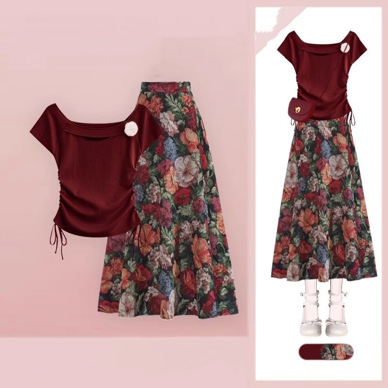 Midi Skirt Floral - Women Lucky Wine Red T-Shirts Floral