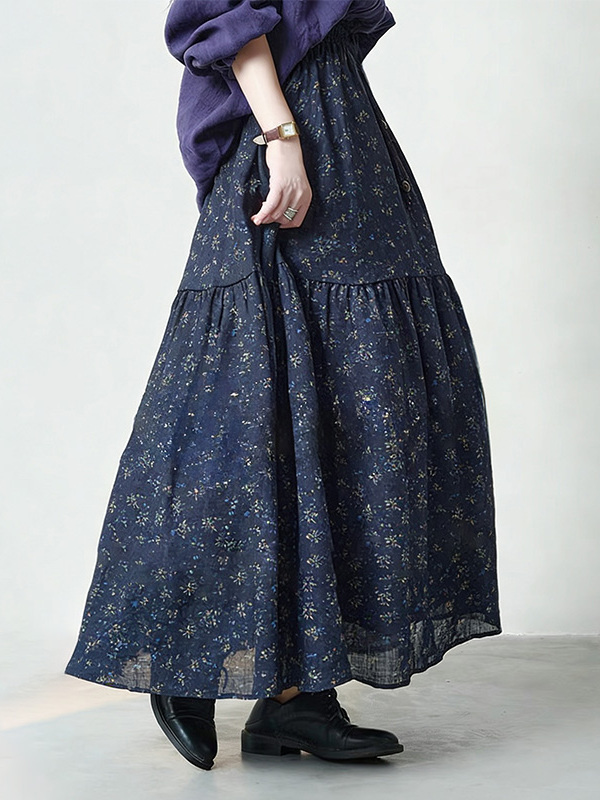 Midi Skirt Floral - Floral Print High Waist A-Line Midi