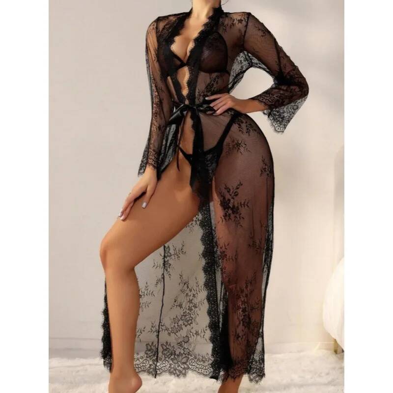Black Lace Sheer Long Robe For - Kimono Sheer Floral review and price