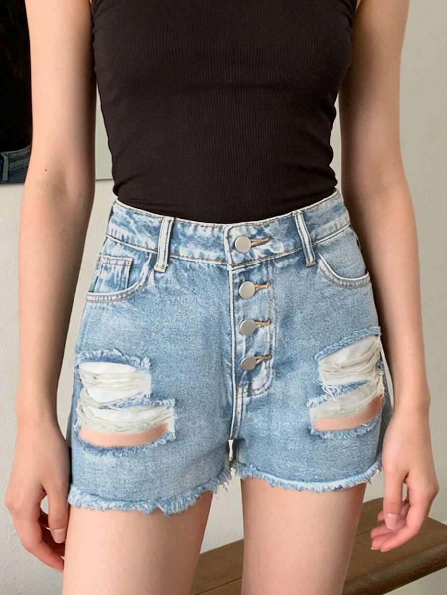 Womens Mid-Rise Distressed Fra - Shorts Denim Frayed review and price