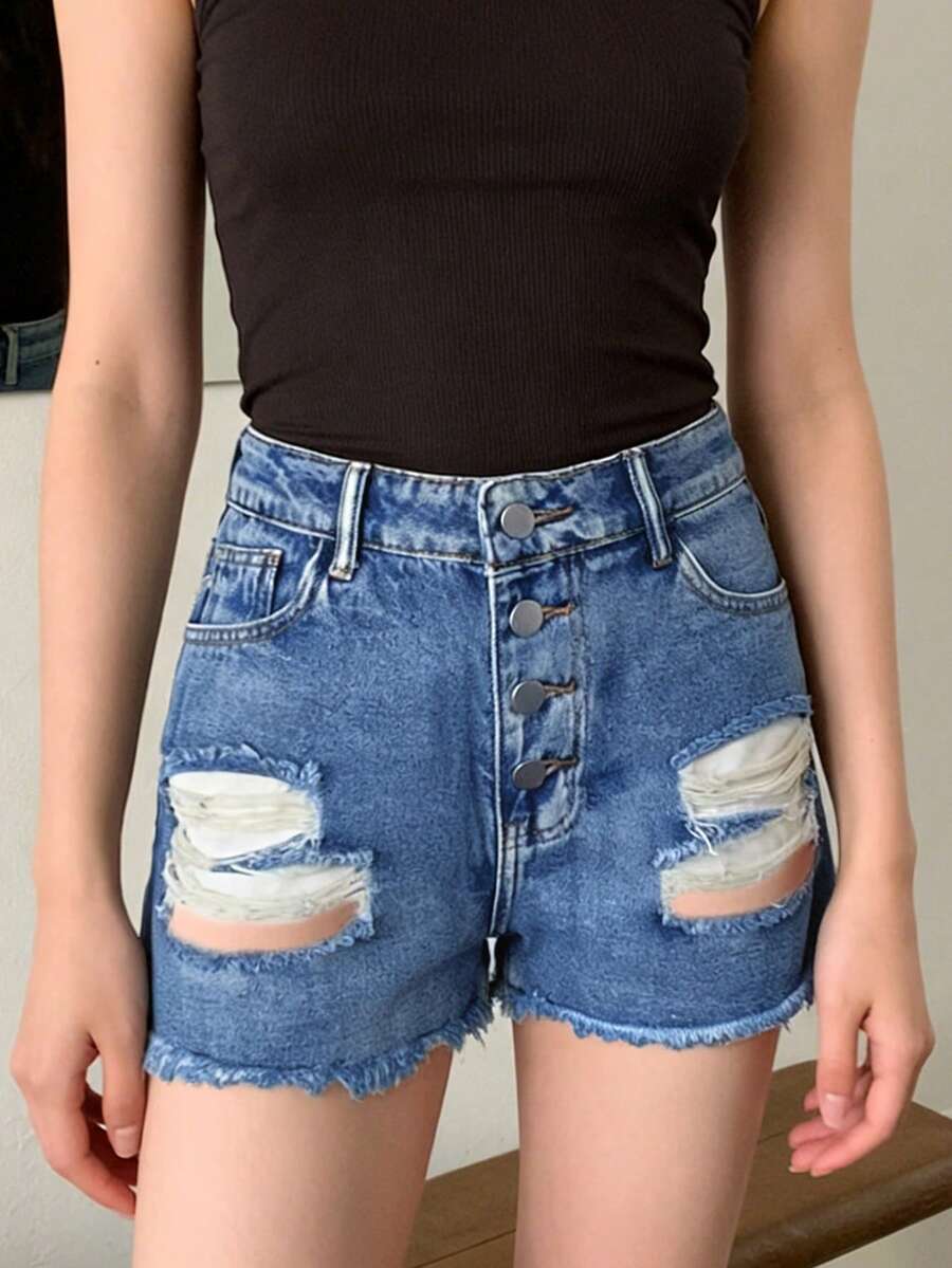 Womens Mid-Rise Distressed Fra - Shorts Denim Frayed review and price