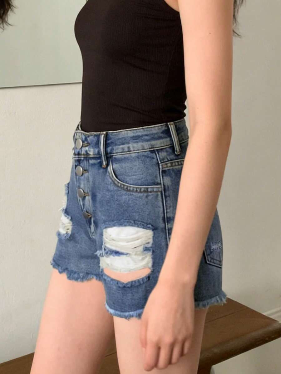 Womens Mid-Rise Distressed Fra - Shorts Denim Frayed review and price