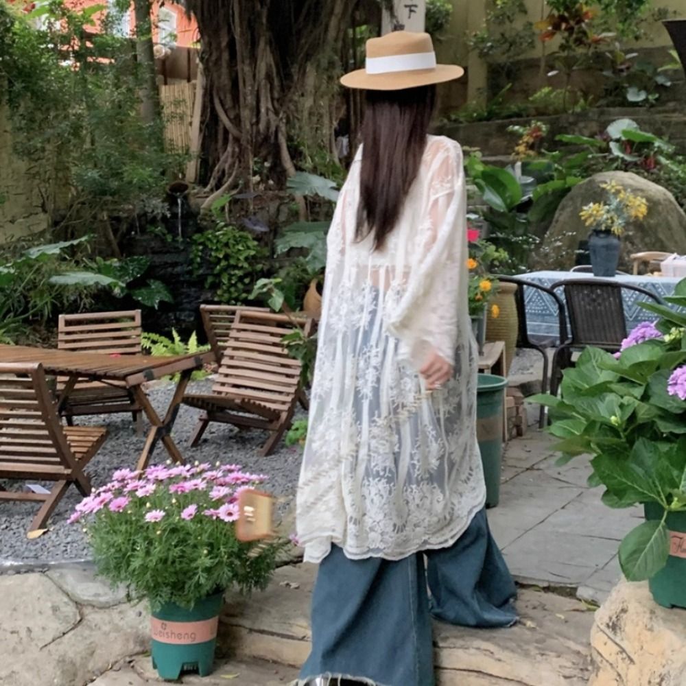 Lightweight Lace-Up Lace Blous - Kimono Sheer Floral review and price