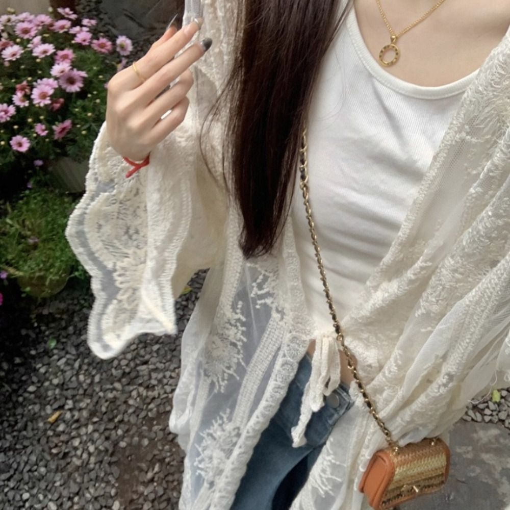 Lightweight Lace-Up Lace Blous - Kimono Sheer Floral review and price