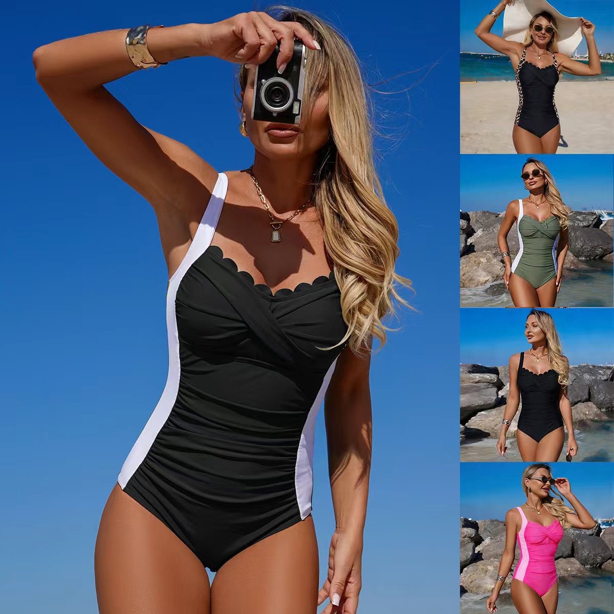 Black Swimsuit Scalloped Neckl - Swimsuit Bikini Ruched review and price