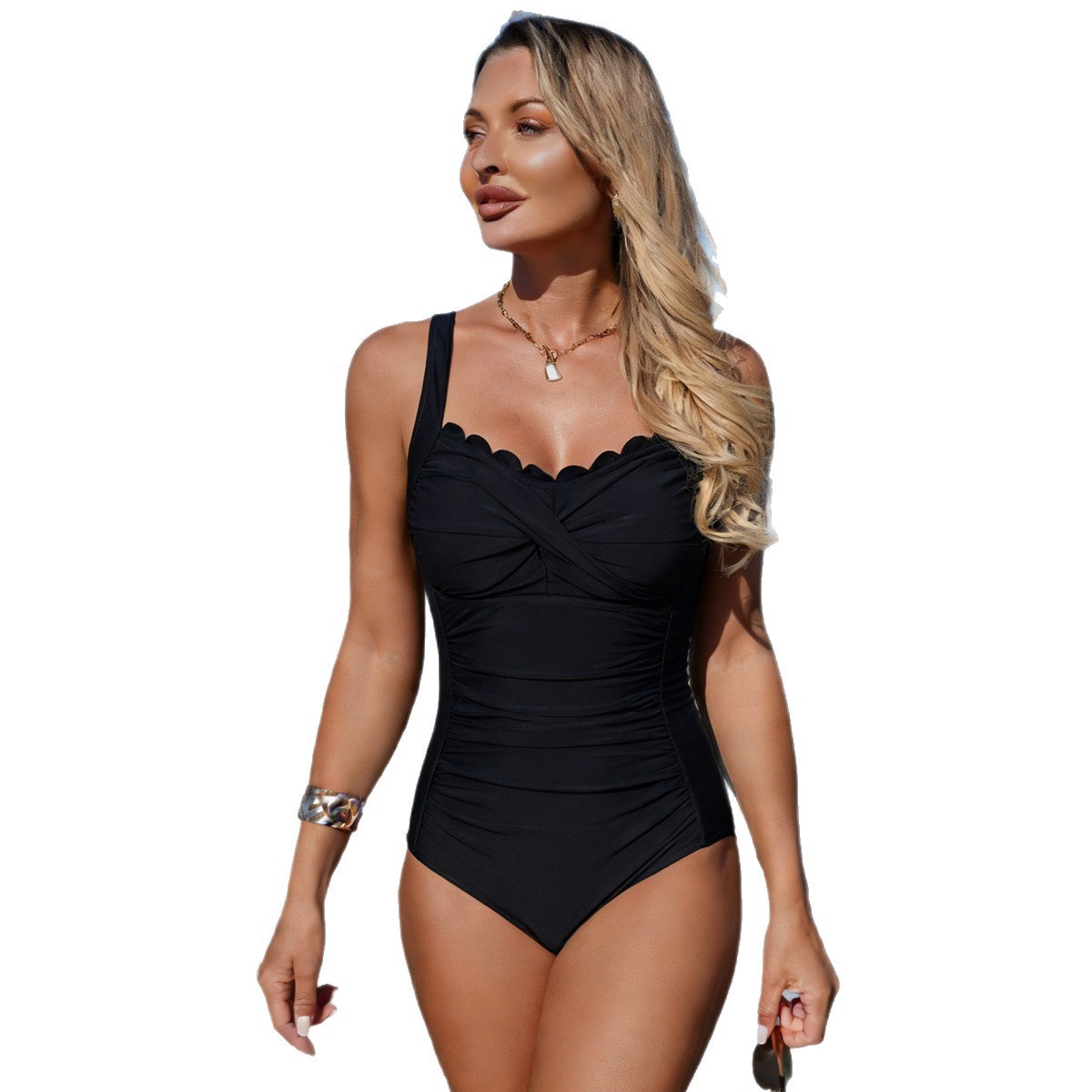 Black Swimsuit Scalloped Neckl - Swimsuit Bikini Ruched review and price