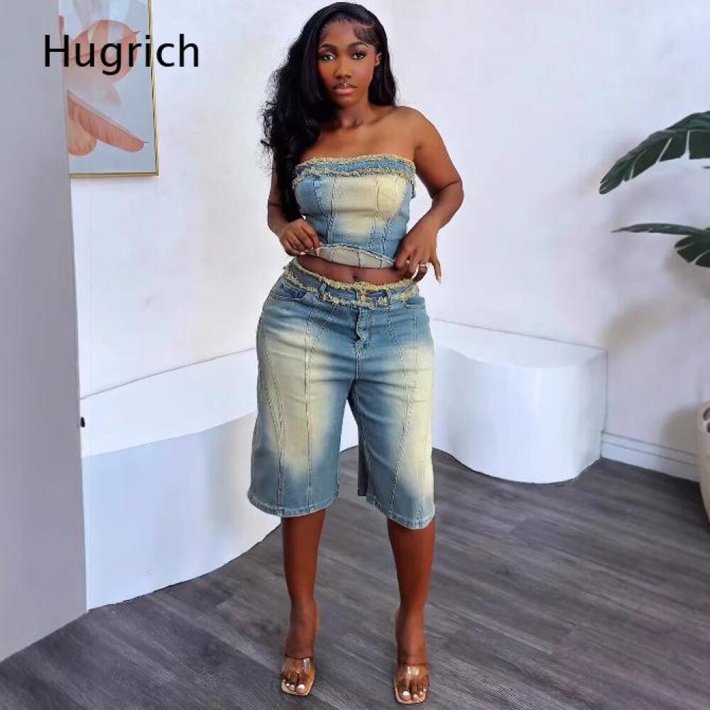 Ladies Washed Strapless Crop T - Shorts Denim Frayed review and price