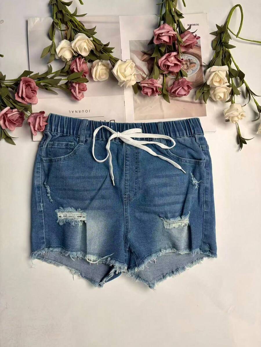 Womens Elastic Waist Frayed He - Shorts Denim Frayed review and price