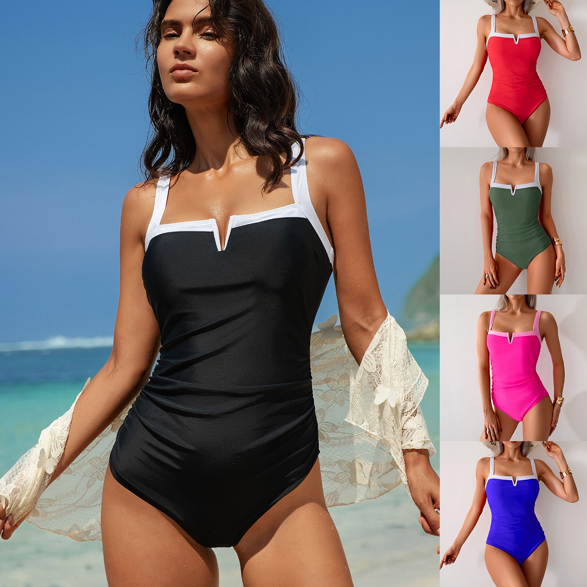 Black Swimsuit V Neck Red Biki - Swimsuit Bikini Ruched review and price