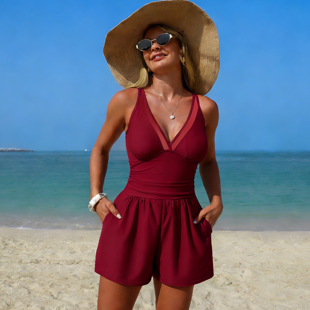Black Solid Color Sleeveless V - Swimsuit Bikini Ruched review and price