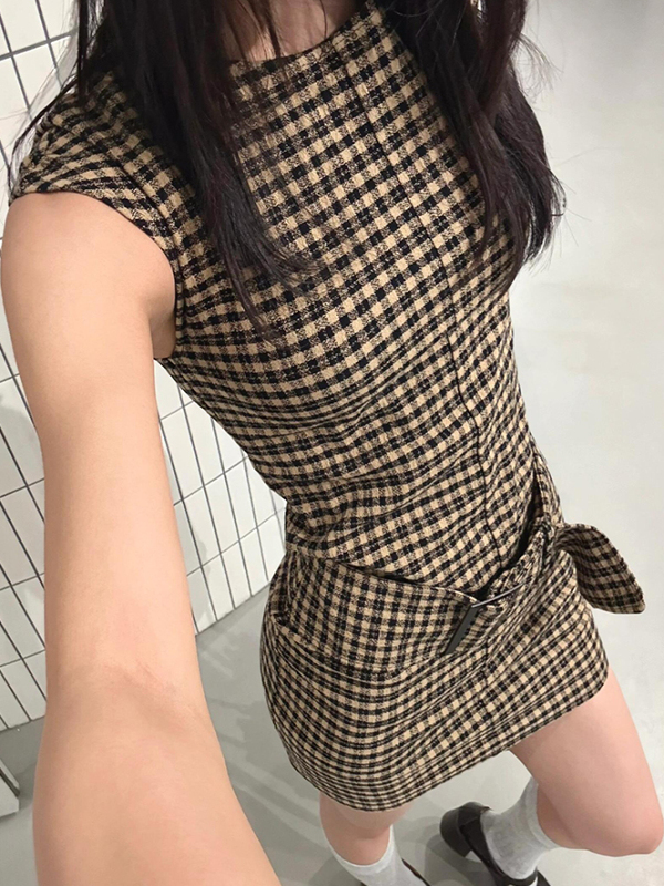 Retro Korean Plaid Slimming Ve - Linen Dress Wrap review and price