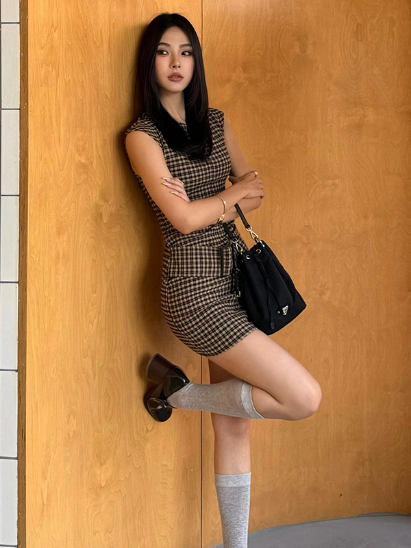 Retro Korean Plaid Slimming Ve - Linen Dress Wrap review and price