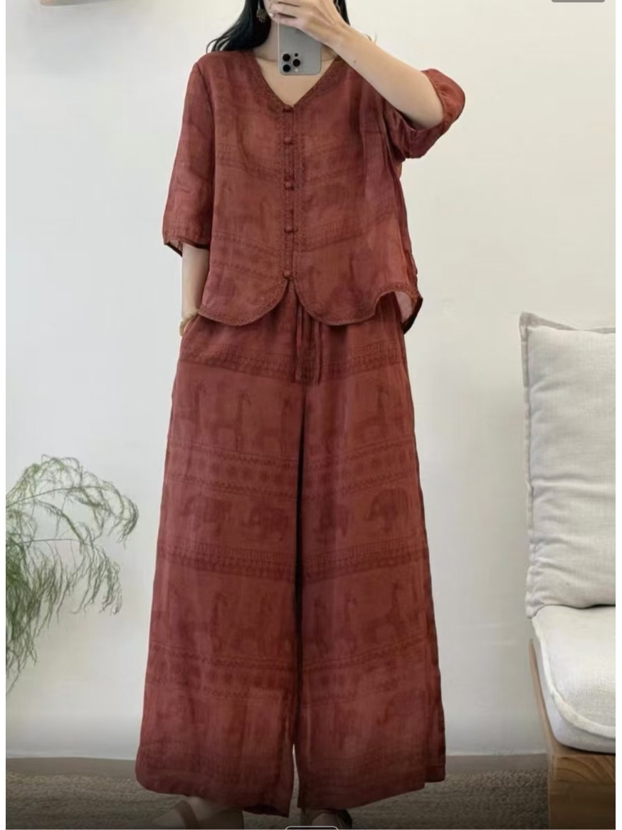 Retro Artistic Print Linen Wid - Linen Pant Wide review and price