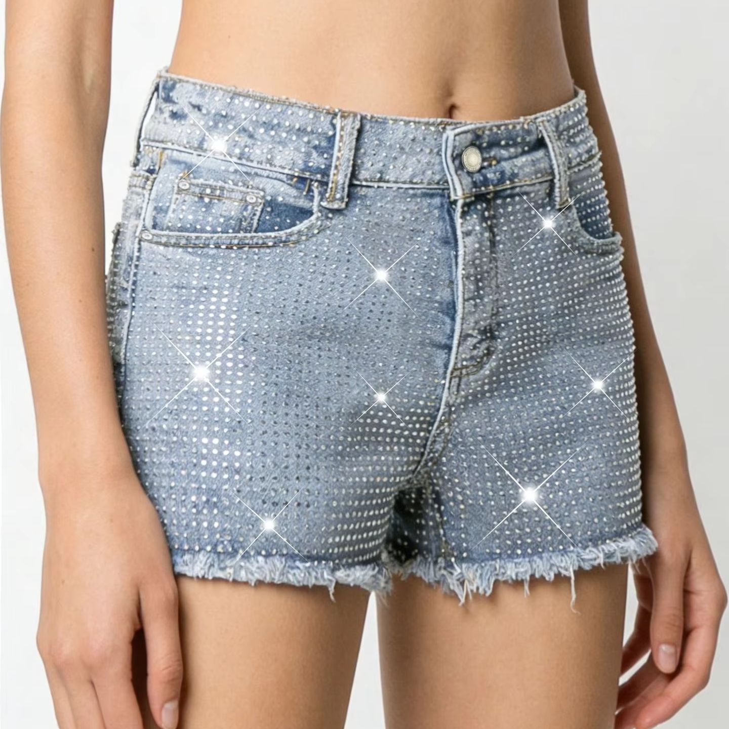 2026 New Full-Bejeweled Elasti - Shorts Denim Frayed review and price