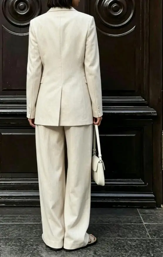 Women Beige Linen Lapel Blazer - Linen Pant Wide review and price