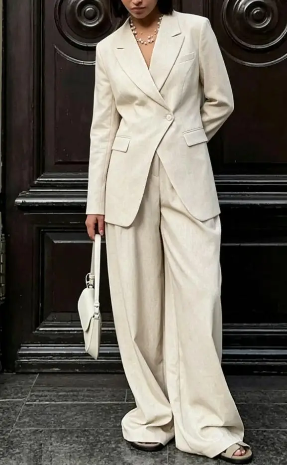 Women Beige Linen Lapel Blazer - Linen Pant Wide review and price