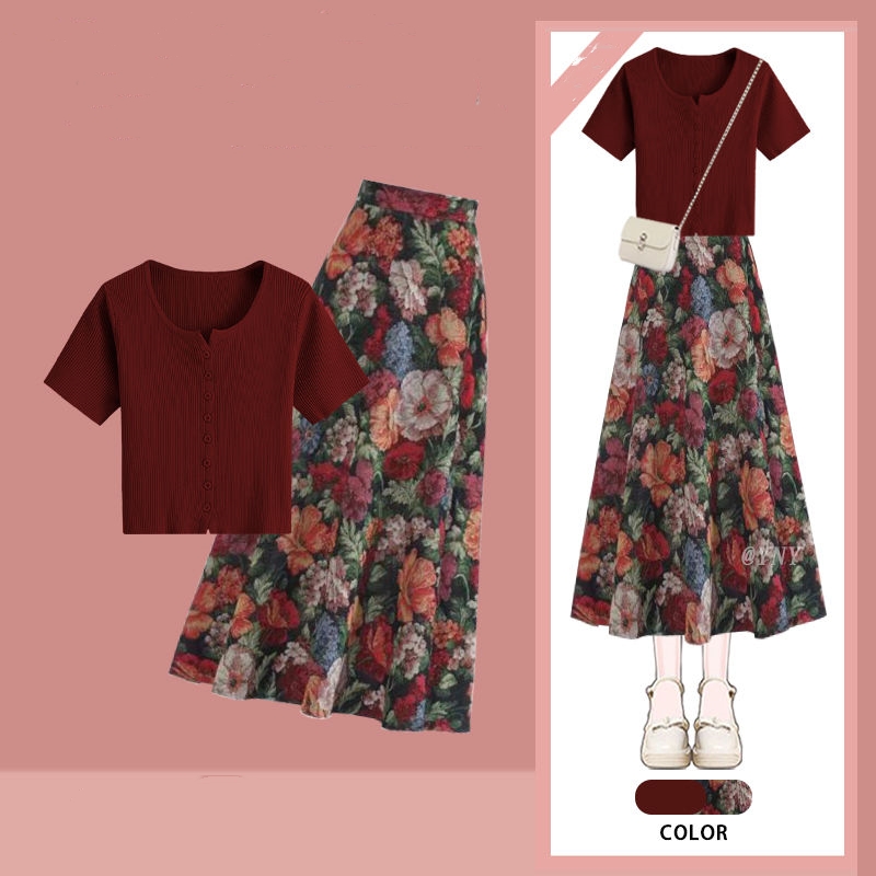 Women Lucky Wine Red T-Shirts  - Midi Skirt Floral review and price