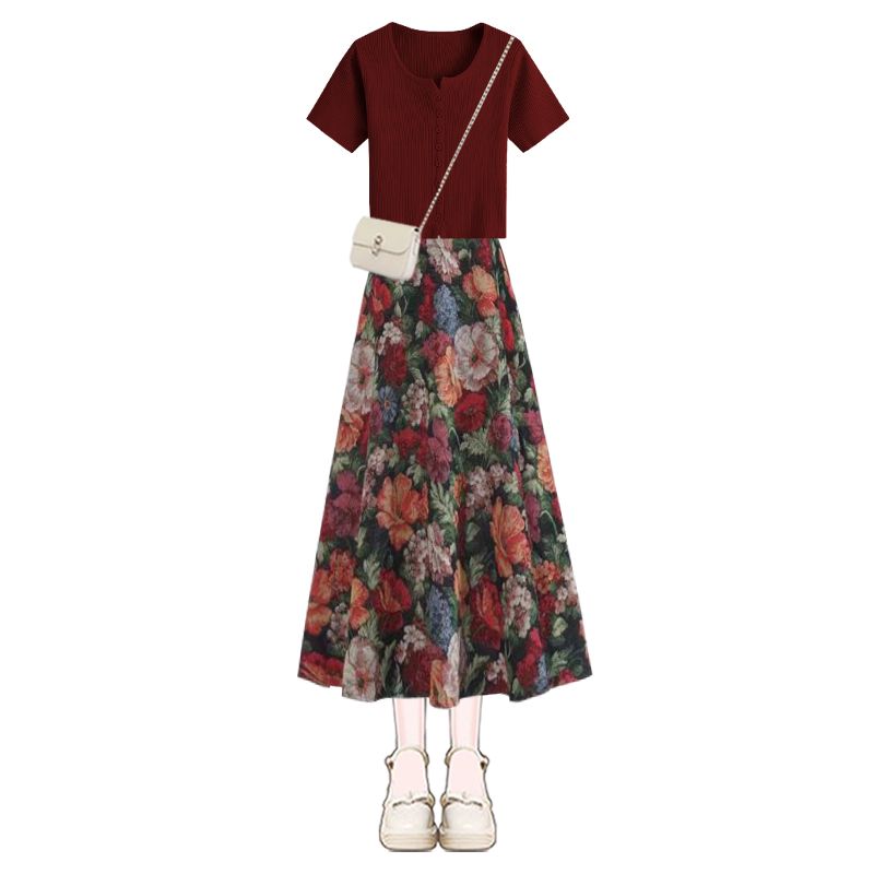 Women Lucky Wine Red T-Shirts  - Midi Skirt Floral review and price
