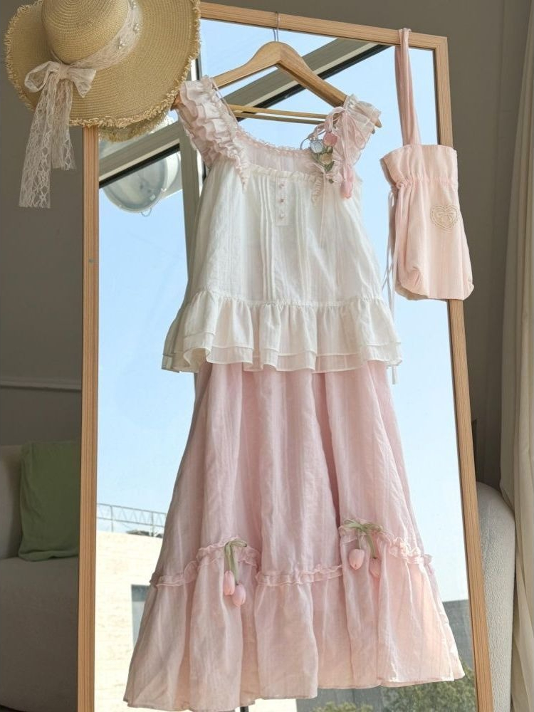 Sweet Kawaii Ruffle Trim Tulip - Midi Skirt Floral review and price