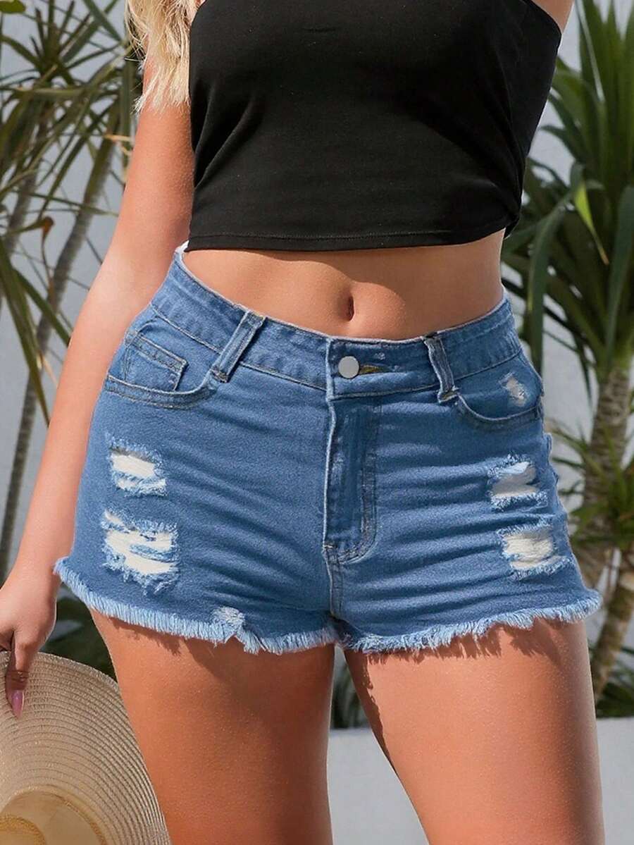 Women Denim Shorts With Pocket - Shorts Denim Frayed review and price