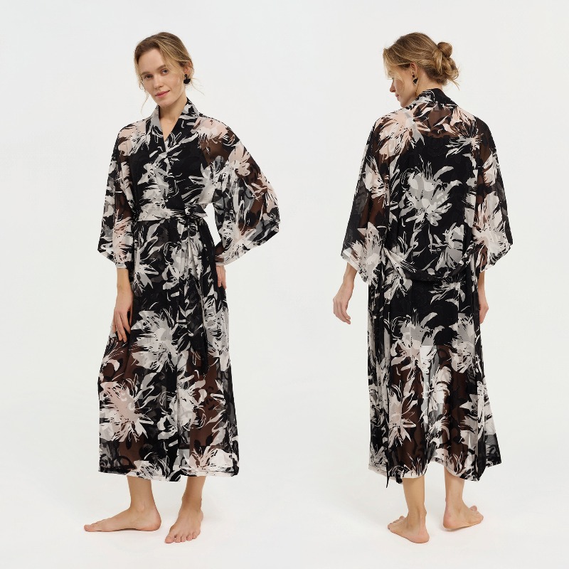 Women Black White Ink Floral S - Kimono Sheer Floral review and price